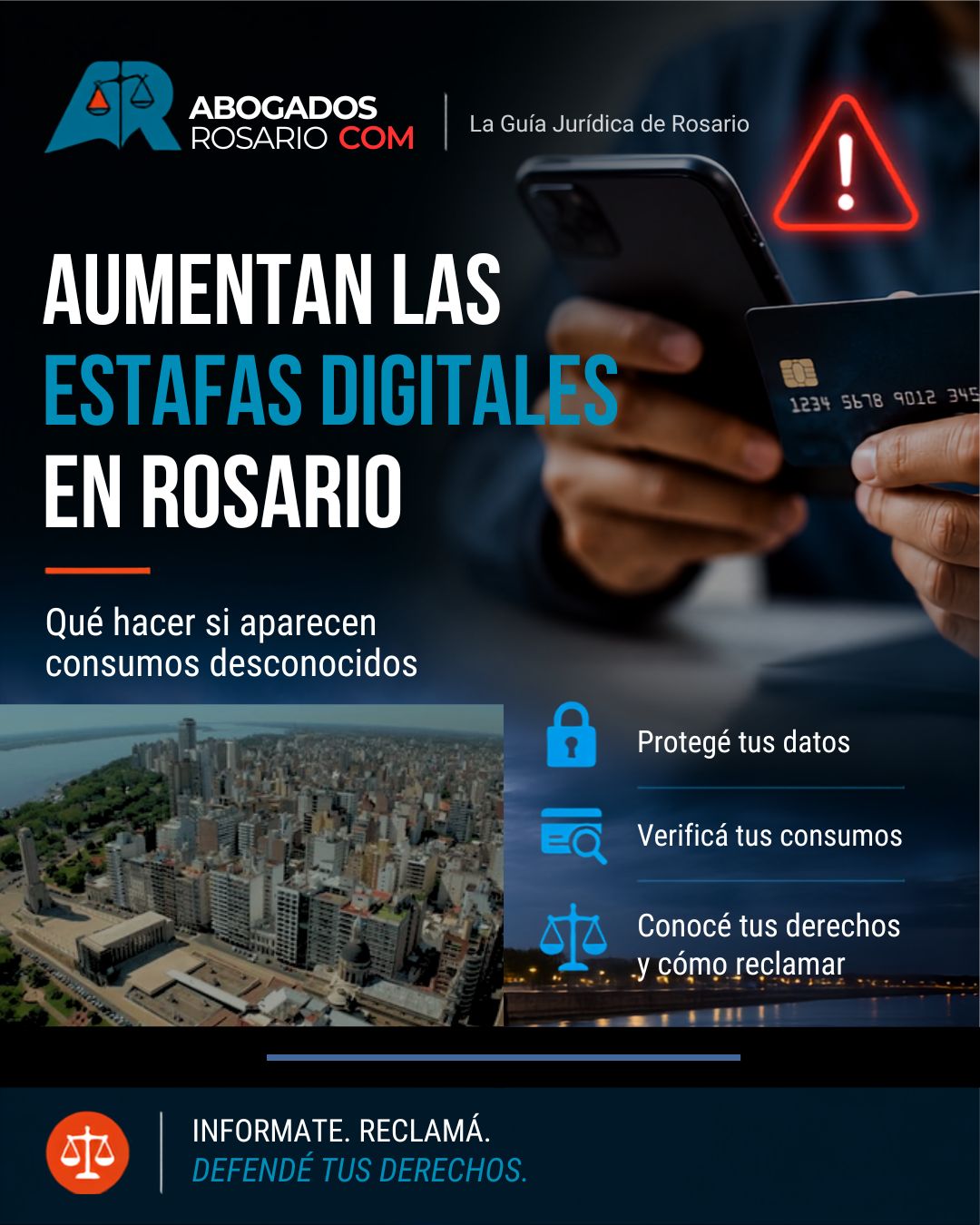 Persona utilizando un teléfono celular y una tarjeta bancaria. Imagen ilustrativa sobre estafas digitales y consumos desconocidos en Rosario.