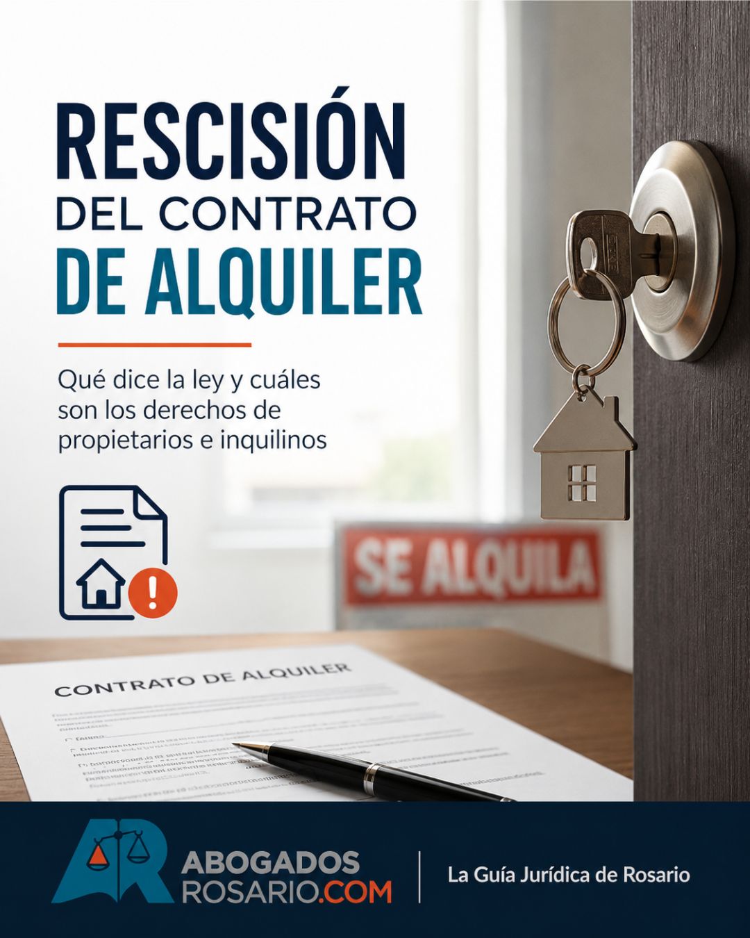 Llave en la puerta de una vivienda y contrato de alquiler sobre una mesa.